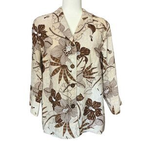 Easy Spirit 100% Linen Hawaiian Jacket Wooden Bead Accents Womens Medium